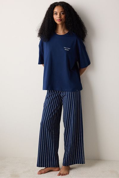 Penti Pj Day Striped Trousers Navy Blue Pajama Set