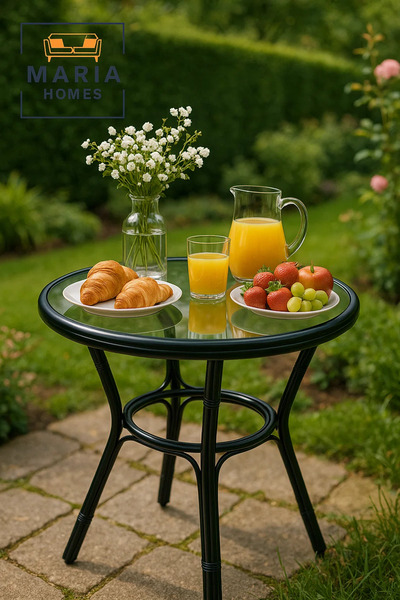 MARIA HOMES Round Black Rattan Bistro Table with Tempered Glass Top