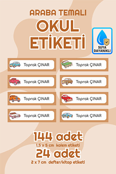 Serisan Araba Temalı Isimli Okul Etiketi Defter Kitap Kalem Sticker Seti