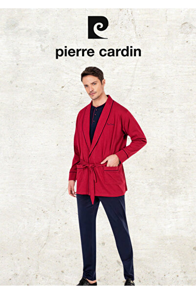 Pierre Cardin 100% Cotton Burgundy Robdöşambr & Long Sleeve Combed Cotton Pajama Set & Leather Slippers (2 Socks)