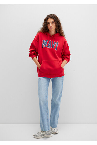 Mavi Czerwona bluza z kapturem i nadrukiem z logo, oversize/szeroki krój 1600361-82054