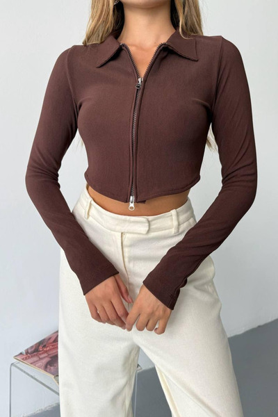 İLKCET MODA Hanorac Crop din țesătură otomană cu fermoar dublu