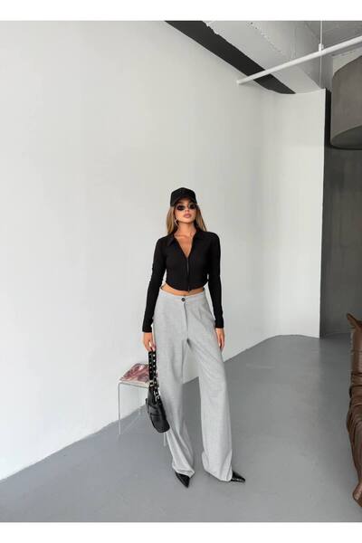İLKCET MODA Ottoman Fabric Double Zipper Crop Sweatshirt