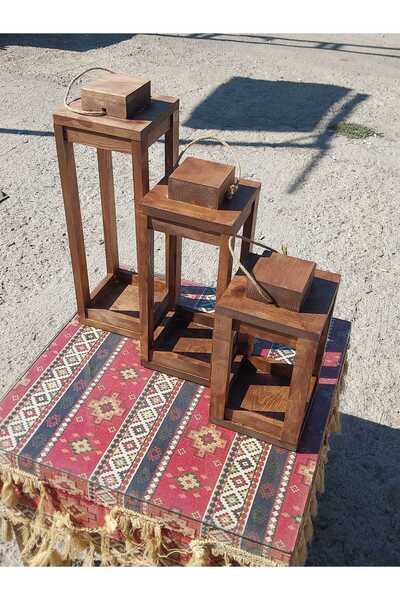 Arma Doğal Ahşap 3'lü Dekoratif Mumluk & El Feneri Seti - El Yapımı Rustik Ta...