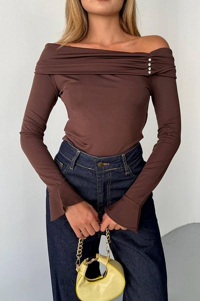 İLKCET MODA Stoned Madonna Collar Diver Fabric Blouse