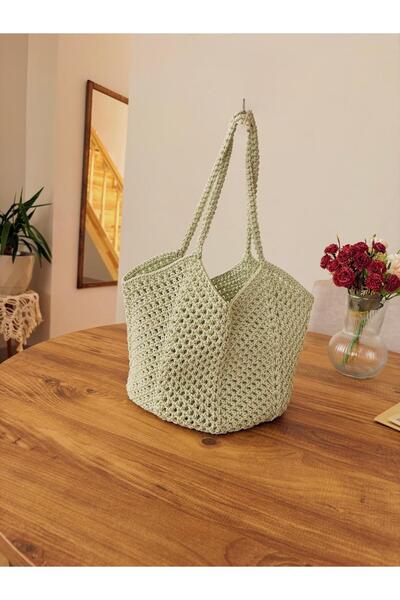 Sustaina Craft Mint Yeşili El Yapımı Makrome Örgü Omuz ve El Çantası – Bohem Tarz Günlük & Plaj Çantası