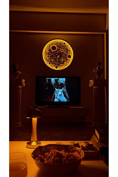 Moon 80 cm amber ledli metal çerçeveli kumandalı el yapımı dolunay tablo beyaz çerçeve renginde