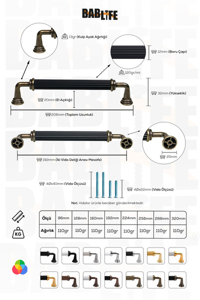 bablife Melis 192 mm Negru - Galben Antic Metal Sertar de lux Mânere de mobilier pentru dulap cu toate opțiunile de culoare