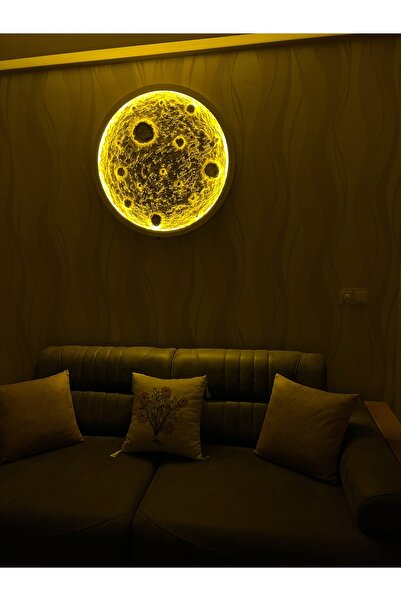 Moon 80 cm amber ledli metal çerçeveli kumandalı el yapımı dolunay tablo beyaz çerçeve renginde