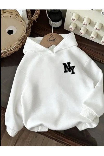 BLACK NİCE BEYAZ RENK NY  Baskılı Kız/Erkek Çocuk Kapüşonlu Sweatshirt (YENİ ÜRÜN)