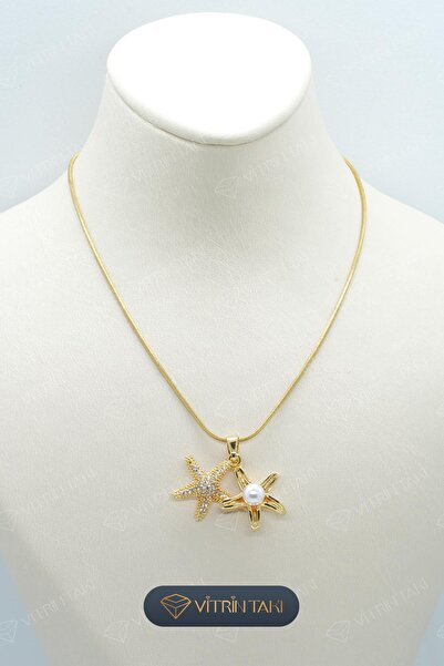 Çelik İnci ve Taş Detaylı Deniz Yıldızı Figürlü Altın Renk Kolye