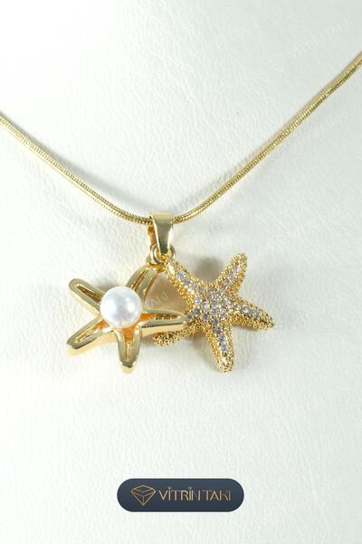 Çelik İnci ve Taş Detaylı Deniz Yıldızı Figürlü Altın Renk Kolye