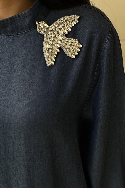 Ghisa Katkat Tenzel Denim Dress with Bird Brooch