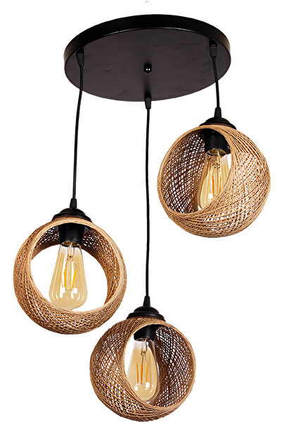 Bozyaka Aydınlatma Alfa Dekoratif 3'lü Tavan Sarkıt Siyah Gövde Hasır Aksesuarlar Iç Mekan Modern Avize