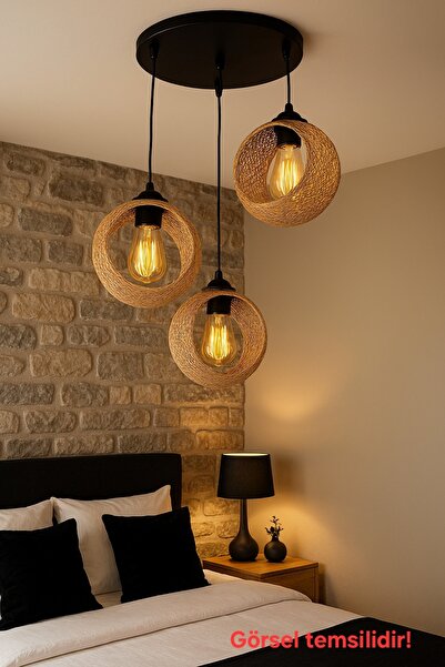 Bozyaka Aydınlatma Alfa Dekoratif 3'lü Tavan Sarkıt Siyah Gövde Hasır Aksesuarlar Iç Mekan Modern Avize