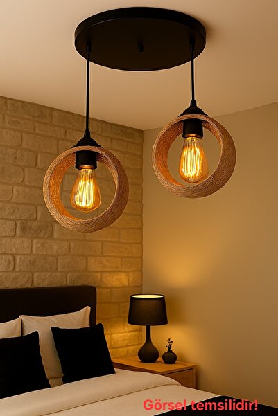 Bozyaka Aydınlatma Alfa Dekoratif 2'li Tavan Sarkıt Siyah Gövde Hasır Aksesuarlar Iç Mekan Modern Avize