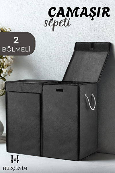 HURCEVİM Çift Bölmeli Kapaklı Siyah Çamaşır Sepeti – 100 Lt, Su Geçirmez, Katlanabilir, Silinebilir Kumaş