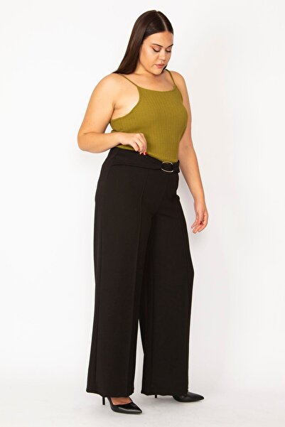 Şans Women's Large Size Black Wide Leg Classic Trousers with Waist Buckle Detail 65n28520