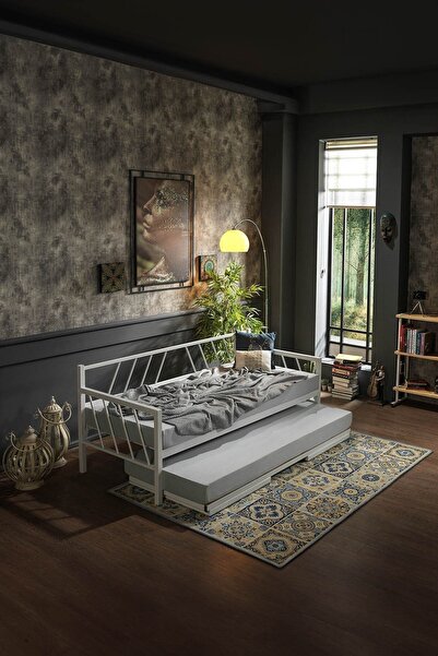Unimet Glory Yavrulu Daybed Tek-çift Kişilik Sedir Metal Karyola Yatak Seti Beyaz