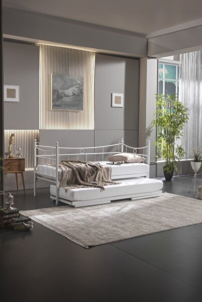 Unimet Daily Yavrulu Daybed Tek-çift Kişilik Sedir Metal Karyola Yatak Seti Beyaz