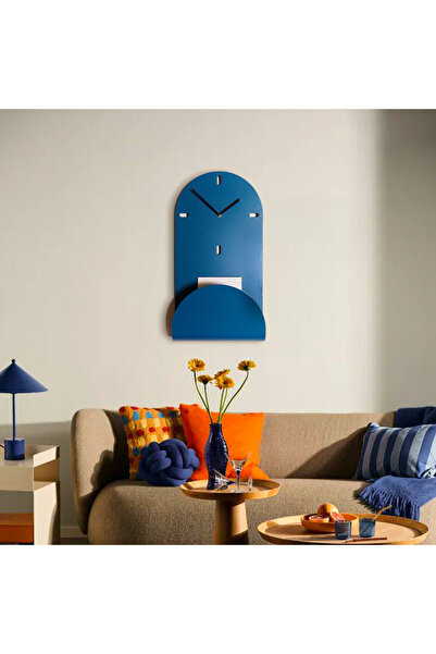 Artepera Flow Metal Sessiz Duvar Saati Ve Duvar Rafı - 58x30 Cm - Gök Mavisi - Modern Ev Dekorasyonu - Aps164