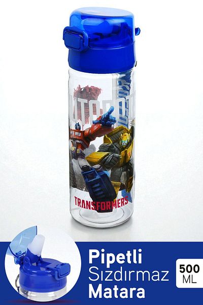 İronika Transformers Licensed Children's Water Bottle with Lockable Lid and Straw 500 ml