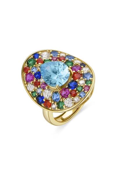 Luxenter Adjustable Ring Genzai in 925 Silver with 18K Yellow Gold Finish and Multicolored Zircon Stones