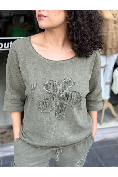 Seviliko Kadın Keten Bluz Yuvarlak Yakalı Aplike Pullu Papatya Desenli 3/4 Ko...
