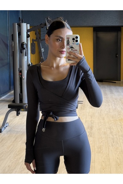 Keep Risen Anvelop Belden Bağlamalı Crop Bluz Gri