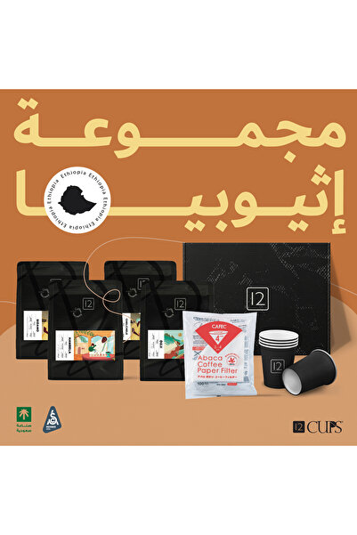 12Cups Ethiopia Specialty Coffee Bean 4×250 Grams ,v60 Coffee Whole Bean - cafec filters & stickers as gift