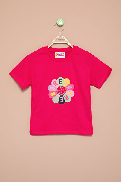 Cansın Mini Φούξια Dream Printed Sequined Κοντομάνικο μπλουζάκι για κορίτσια 21004