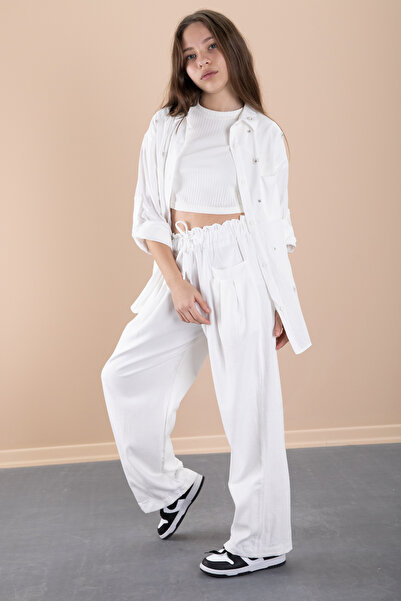 Cansın Mini طقم قميص وبنطلون مزين بحجر كروبل للفتيات باللون الأبيض مكون من 3 قطع 20468