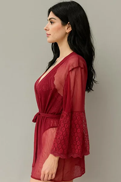 WİYONA Women's Burgundy Lace Bodysuit with Morning Dress