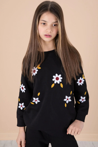 Cansın Mini Σετ κοριτσίστικη φόρμα με μαύρο λουλούδι κεντημένο μπανιέρα με φαρδύ πόδι 20191