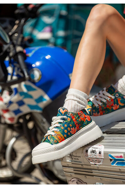 Dogo Women's Vegan Multicolor Thick Sole Sneakers - Garden Birds Design
