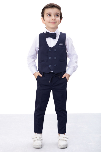 Cansın Mini Navy Blue Buttoned Vest and Bow Tie Shirt Boy's 4-Piece Suit 20543