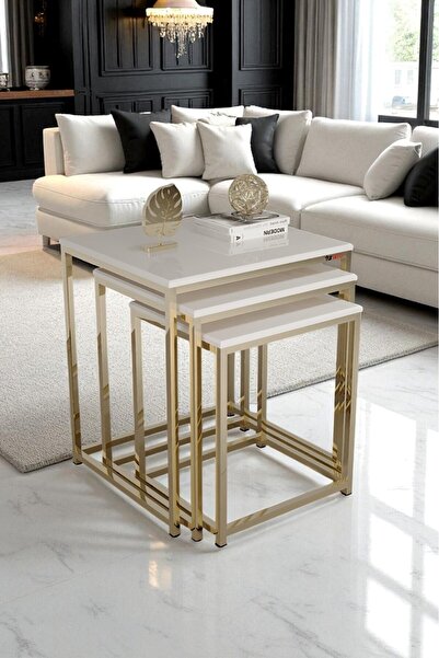 fursimo Vetro 3’lü Zigon Sehpa – Parlak Beyaz Mdf Yüzey ve Modern Metal Gold Ayak