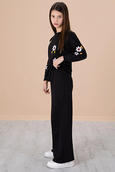 Cansın Mini Σετ κοριτσίστικη φόρμα με μαύρο λουλούδι κεντημένο μπανιέρα με φαρδύ πόδι 20191