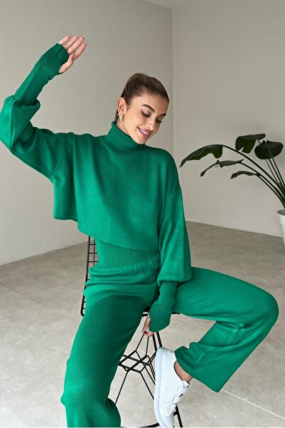 bayansepeti Hand-stitched Knitwear Crop and High Waist Green Knitwear Trousers Set 015