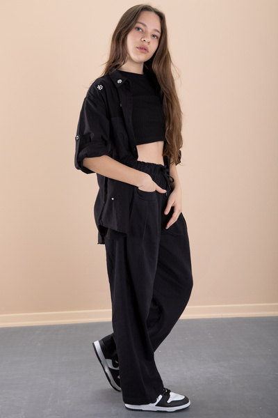 Cansın Mini Black Girl's Cropped Stone Shirt and Pants 3 Piece Set 20471