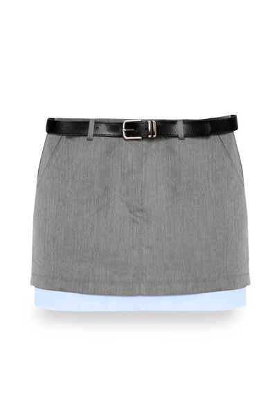 Quzu Fabric Garnished Mini Skirt with Belt Accessories Gray