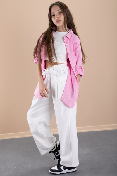 Cansın Mini Pink Girl's Croplu Stone Shirt and Pants 3 Piece Set 20470