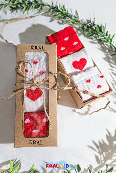 KRAL SOCKS 6 Pairs Boxed Heart Patterned Baby Socks - Long Cotton Socks Set / 6-18 Months