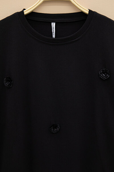 Cansın Mini Черна роза с бродерия и къси ръкави за момичета, овърсайз тениска 20805