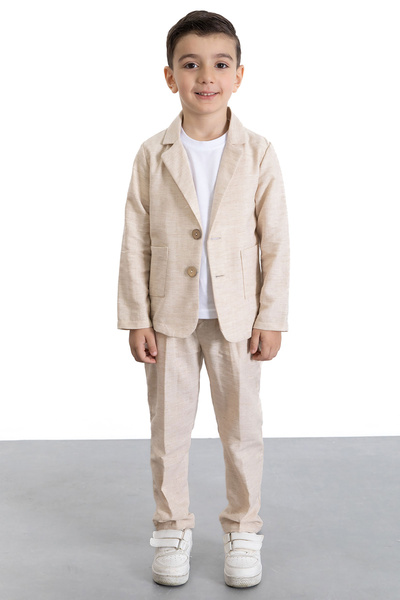 Cansın Mini Boys' 3-Piece Suit with Cream Linen Jacket and Trousers and Basic T-Shirt 21118