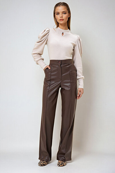 VAGGON Γυναικείο παντελόνι Palazzo με διπλή ραμμένη μπροστινή τσέπη από συνθετικό δέρμα Prm1296