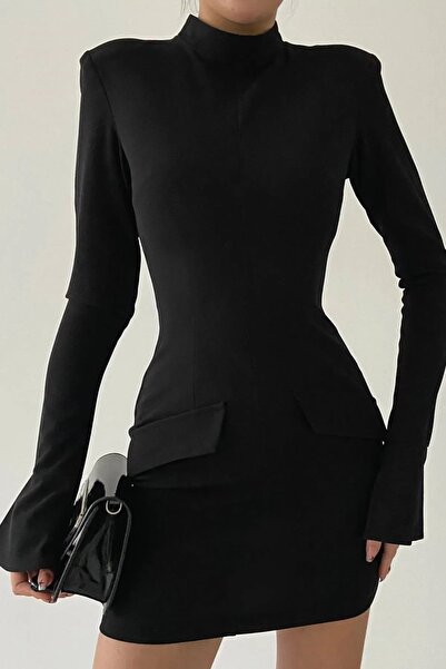 WOMAN VISION Kadın Krep Kumaş Sahte Cep Tasarım Dik Yaka Uzun Kollu Mini Siya...