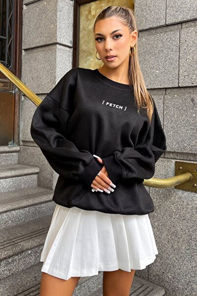 DUBU BUTİK Φούτερ Fetch Design - Μαύρη στάμπα Oversize Crew Neck