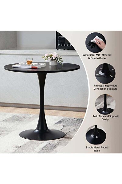 Taimi Round Dining Table Elegant Plastic 90x90x73cm Coffee Table for Living Room, Dining Room, Black