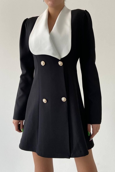 vuvutasarım Γυναικείο μαύρο ύφασμα τζάκετ Atlas Μίνι φόρεμα με φαρδύ γιακά μακρυμάνικο 170